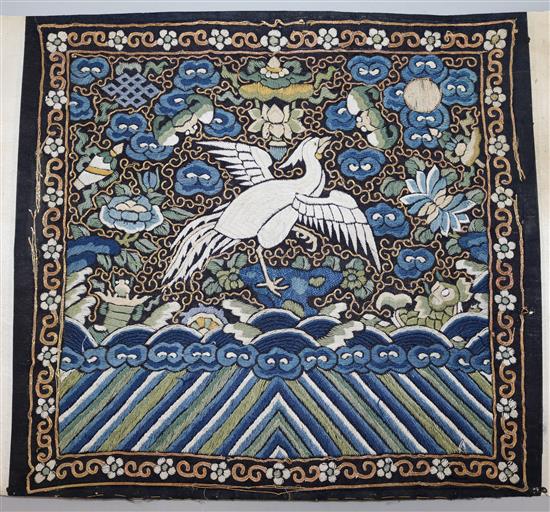 A Chinese embroidered silk silver pheasant rank badge, late 19th century, 29 x 31cm